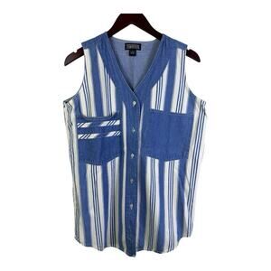 Manisha Womens Medium Vest Striped White and Blue Denim Western Button Top Retro
